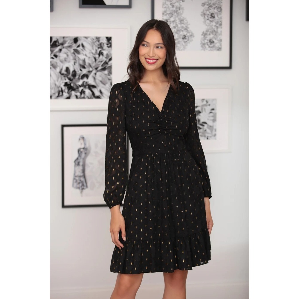 Maggy‎ London 2 Black Gold Metallic Leaf Ruched V-Neck Fit Flare Dress Ruffle